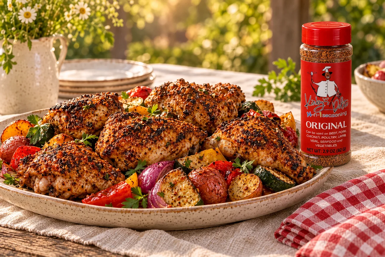 AI-styled serving idea with seasoned chicken, vegetables and a Kirby's Delites Original bottle